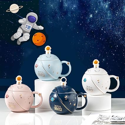 Astronaut Ceramic Coffee Mug with Lid and Spoon, Tea Cup, as a Gift, Porcelain Cup for Coffee, Tea, Milk, Water, 450 ml