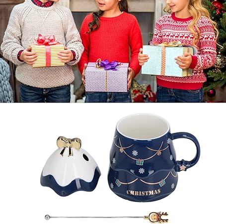 Christmas Coffee Bow Mug, Christmas Tree Ceramic Coffee Mugs 500ml Large Capacity Mug, Cute Cups with Lid and Spoon for Christmas, Gift for Coffee & Tea lovers.