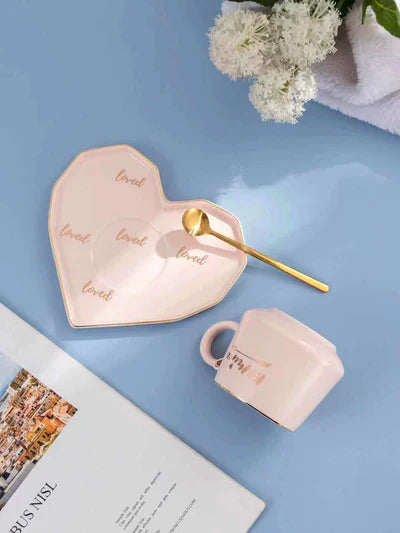 Be Mine Printed Ceramic Coffee Mug with Heart Shape Saucer & Spoon, Gift for Girls, Boys, Women, Man, Couple and others.