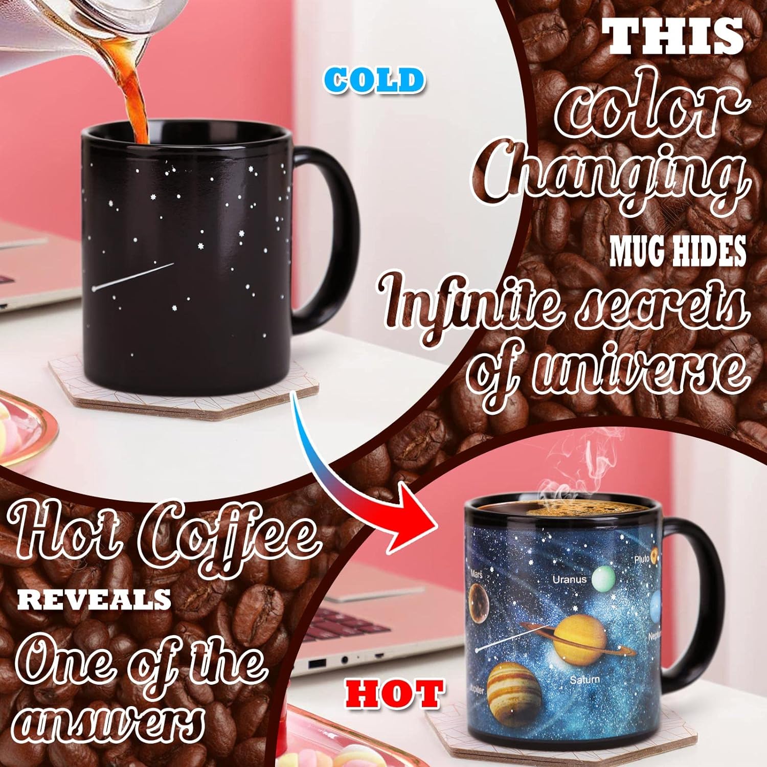 Colour Changing Coffee Mugs, Ceramic Heated Novelty Coffee Cup of Solar System, Space Gifts, Funny Mugs for Men & Boys, Friends and Planet  Lover.