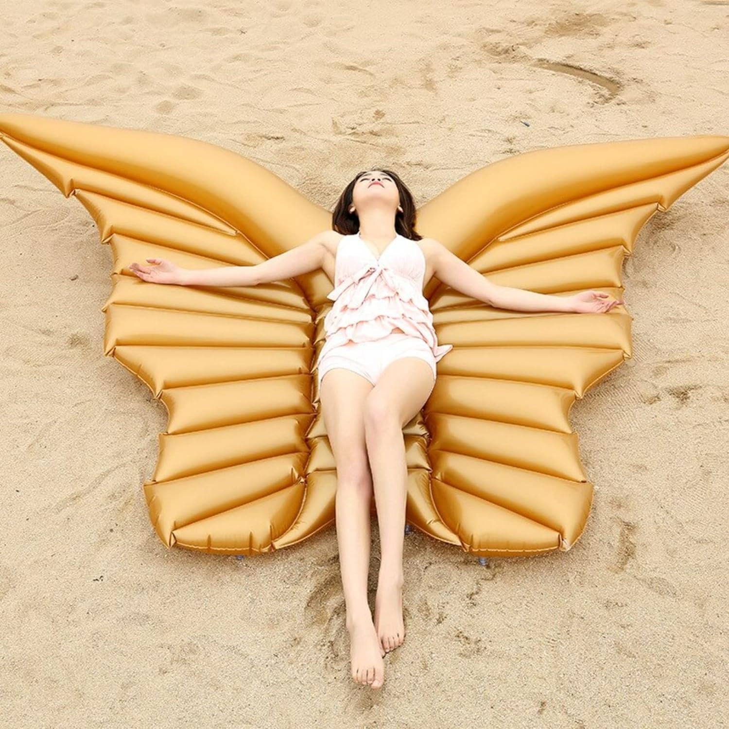 Butterfly Wings Float Mat,Inflatable Floating Row PVC Water Bed Pool Beach Toys Swimming Floating Row (Gold)