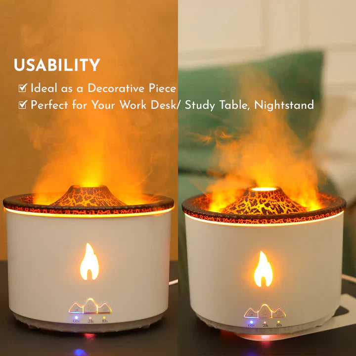 Volcano Humidifier with Flame and Aromatherapy Essential Oil Diffuser for Home, Bedroom, and Office (Flame Colour)