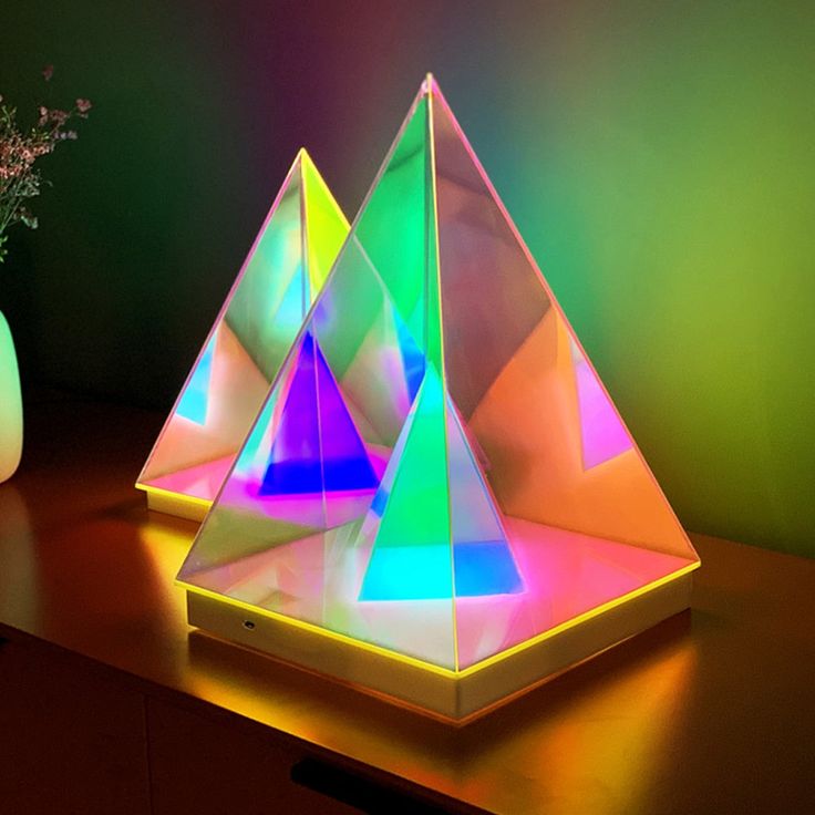 Colorful Table lamp Acrylic 3D Art Pyramid Night lamp Creative Acrylic Light Bedside Table Creative Lighting USB Glow lamp 3D Night Light Pyramid Desk lamp for Bedroom Decorative