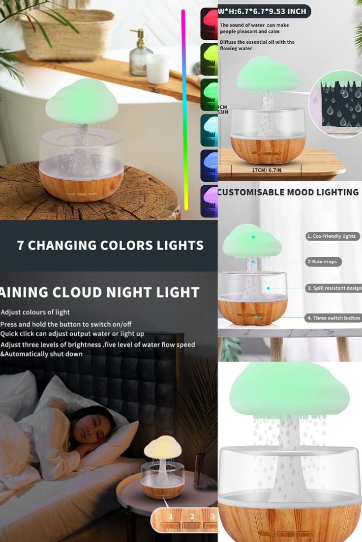 Rain Cloud Humidifier Water Drip, Mushroom Humidifier Waterfall Lamp, Mushroom Diffuser, Cloud Humidifier Rain Drop, Rain Sounds for Sleeping, Rain Cloud Diffuser