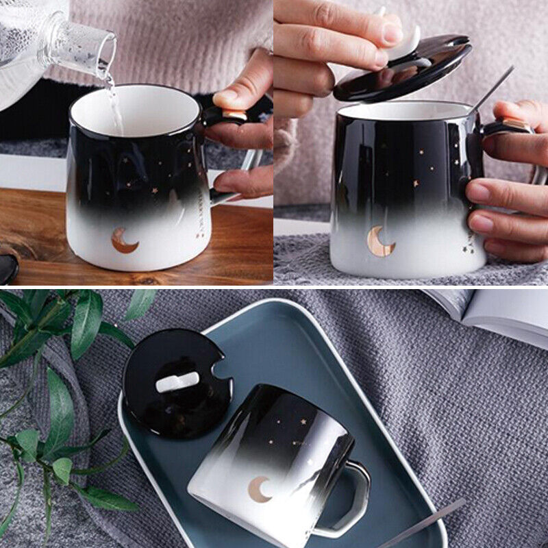 Sleeping Moon Mug with Moon Lid & Spoon Romantic Starry Sky Ceramic Mugs with Lid Silver Spoon Porcelain Coffee Milk Tea Cups For Office, Travel, Home, Mini Party Cups etc.