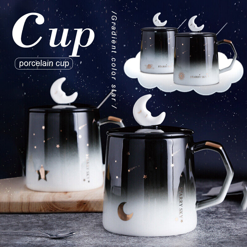 Sleeping Moon Mug with Moon Lid & Spoon Romantic Starry Sky Ceramic Mugs with Lid Silver Spoon Porcelain Coffee Milk Tea Cups For Office, Travel, Home, Mini Party Cups etc.