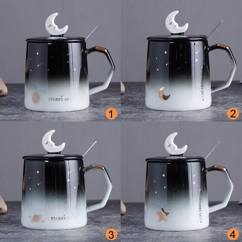 Sleeping Moon Mug with Moon Lid & Spoon Romantic Starry Sky Ceramic Mugs with Lid Silver Spoon Porcelain Coffee Milk Tea Cups For Office, Travel, Home, Mini Party Cups etc.